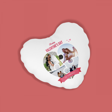 Perne personalizate - Perna personalizata in forma de inima cu 4 poze si mesaj Happy Valentine's