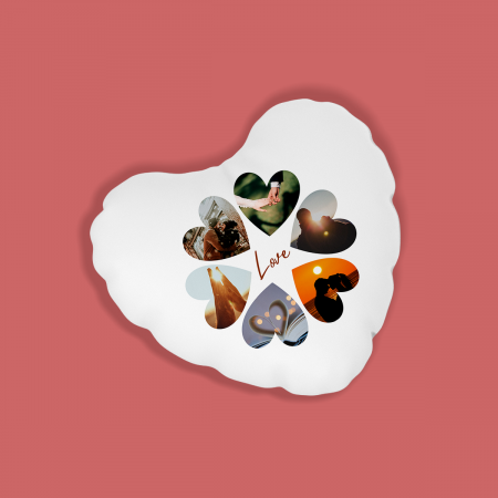 Perne personalizate - Perna personalizata in forma de inima cu 6 poze si mesaj Hearts and love