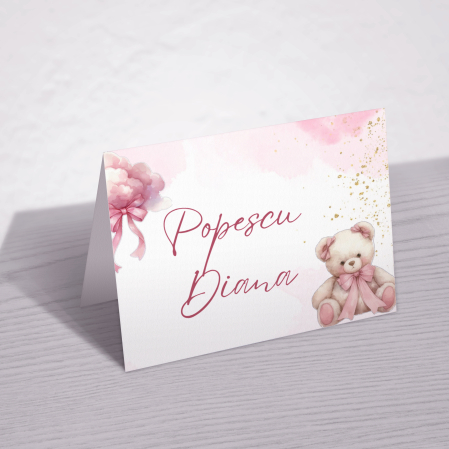 Place card de botez - Place card botez personalizat Pink Bear Dust