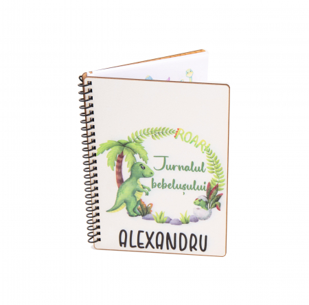 Agende personalizate - Agenda personalizata din lemn tip planner Jurnalul bebelusului model dinozaur color