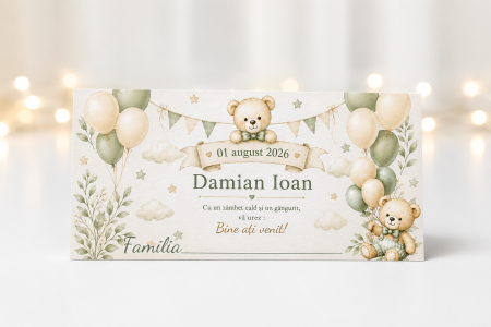 Articole botez - Plic bani botez personalizat Ursulet cu Baloane verzi