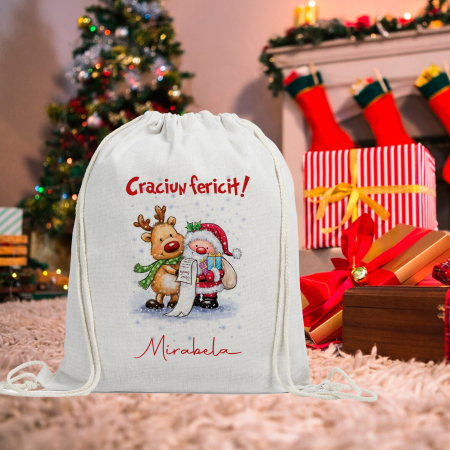 Textile Personalizate - Ghiozdan personalizat Mos Craciun cu nume 43x32 cm