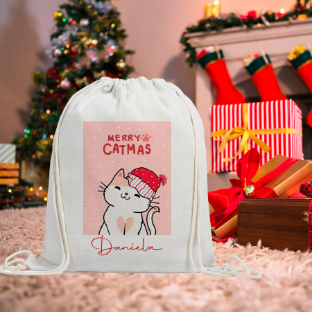 Textile Personalizate - Ghiozdan personalizat Merry Catmas cu nume 43x32 cm
