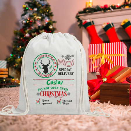 Textile Personalizate - Ghiozdan personalizat Christmas special delivery cu nume 43x32 cm