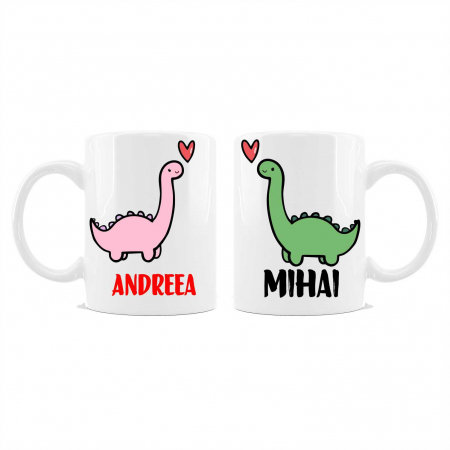Cani albe si colorate - Cani personalizate cu nume pentru cuplu Dino love
