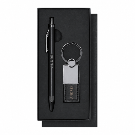 Pixuri personalizate - Set Cadou Personalizat cu Pix Metalic si Breloc din Piele