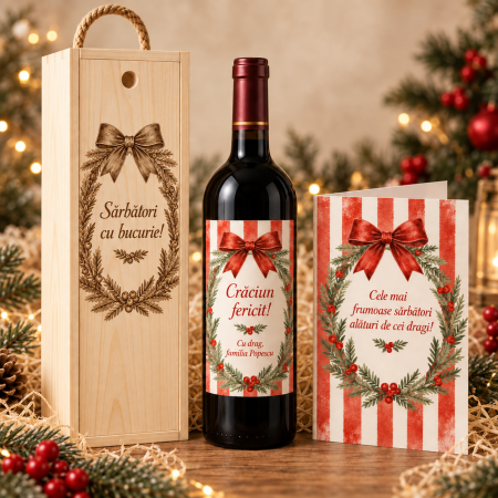 Seturi Cadou Personalizate de Craciun - Set Cadou de Craciun cu Vin, Cutie din Lemn si Felicitare