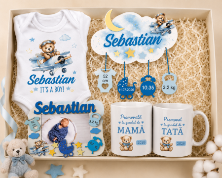 Seturi Cadou Personalizate - Set cadou personalizat pentru nou-nascut Flying Bear