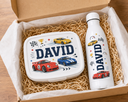 Back to School - Set Lunchbox si Sticla Personalizate pentru Copii Masinute