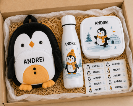 Back to School - Set personalizat pentru gradinita cu ghiozdan de plus Pinguin