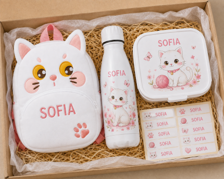 Back to School - Set personalizat pentru gradinita cu ghiozdan de plus Pisica Alba