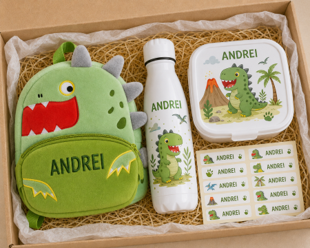 Back to School - Set personalizat pentru gradinita cu ghiozdan de plus Dinozaur