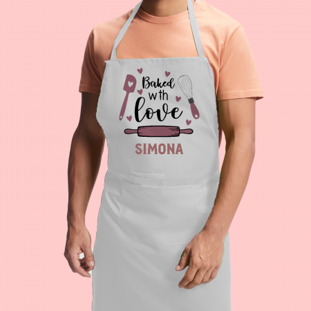 Sorturi - Sort bucatarie personalizat Baked with love cu nume cu buzunar