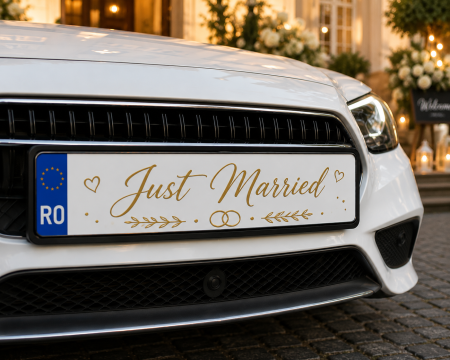 Stickere personalizate pentru nunta - Sticker „Just Married” pentru numarul de inmatriculare al mirilor