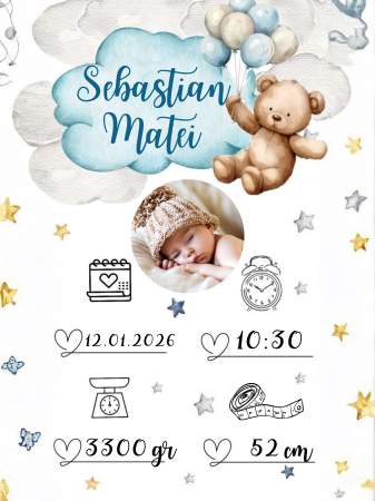 Copii - Tablou personalizat cu datele bebelusului si poza baietel