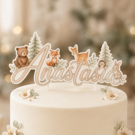 Toppere Personalizate - Topper tort cu animale de pădure și nume personalizat