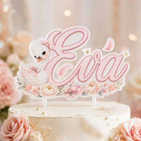 Toppere Personalizate - Topper tort cu lebăduță, flori și nume personalizat
