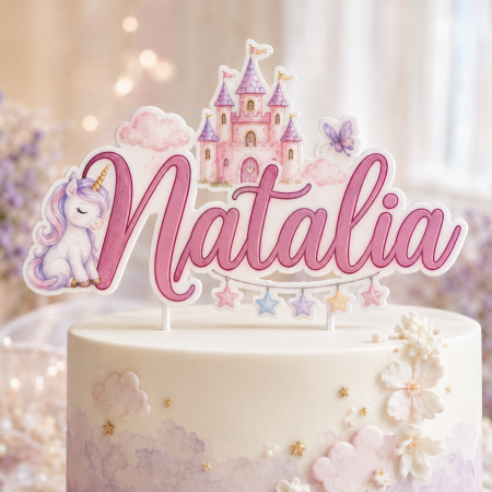 Toppere Personalizate - Topper tort cu unicorn, castel și nume personalizat