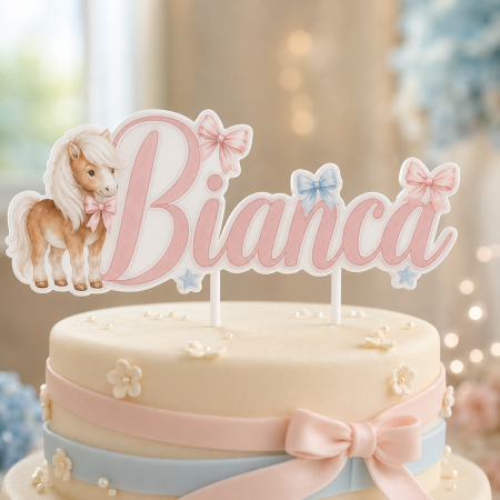 Toppere Personalizate - Topper tort cu ponei, fundițe și nume personalizat