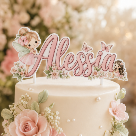 Toppere Personalizate - Topper tort cu zână, flori și nume personalizat