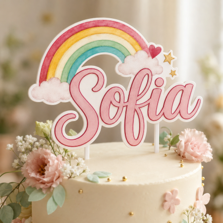 Toppere Personalizate - Topper tort cu curcubeu, nori și nume personalizat
