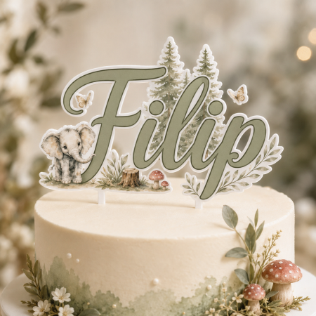 Toppere Personalizate - Topper tort cu elefănțel și nume personalizat