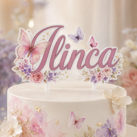 Toppere Personalizate - Topper tort cu fluturi, flori și nume personalizat