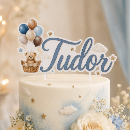 Toppere Personalizate - Topper tort cu ursuleț, baloane și nume personalizat