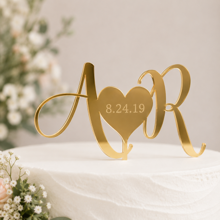 Toppere Personalizate - Topper tort personalizat cu initialele mirilor si inima
