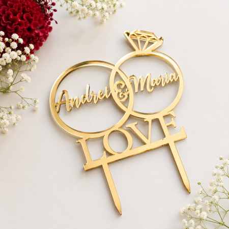 Toppere Personalizate - Topper tort personalizat cu numele mirilor, verighete si mesaj LOVE