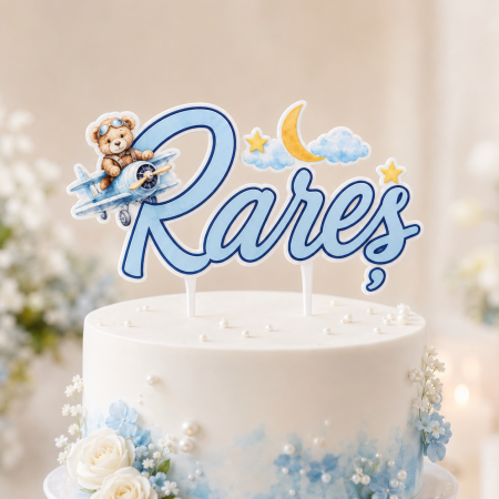 Toppere Personalizate - Topper tort cu ursulet aviator si nume personalizat