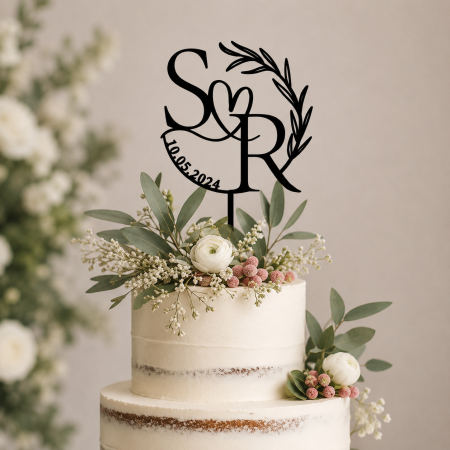 Toppere Personalizate - Topper tort personalizat cu initialele mirilor, data si coronita florala