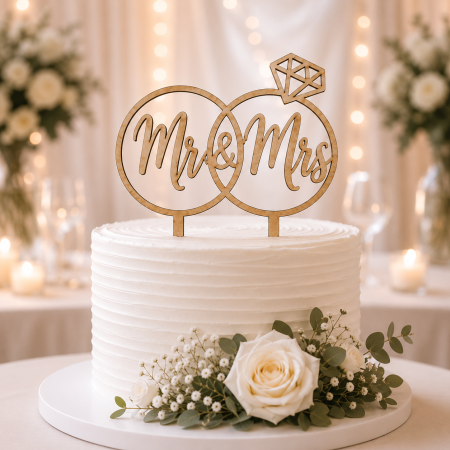 Toppere Personalizate - Topper tort „Mr & Mrs” cu verighete și diamant