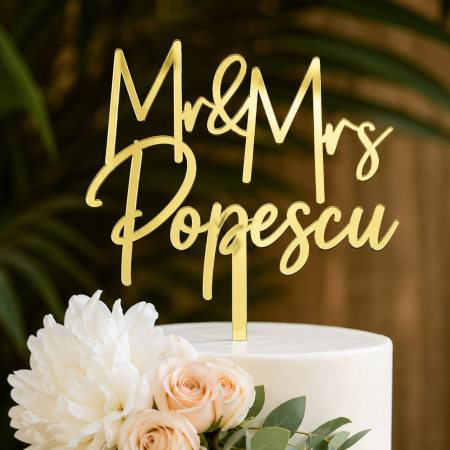 Toppere Personalizate - Topper tort personalizat „Mr & Mrs” cu numele de familie