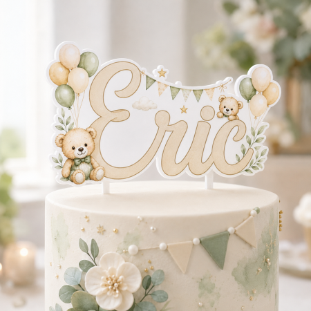 Toppere Personalizate - Topper tort cu ursuleți, baloane și nume personalizat