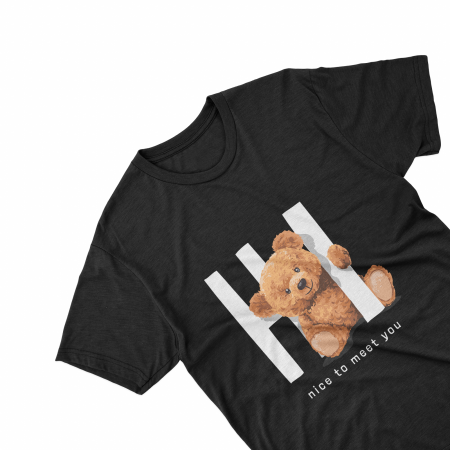 Textile Personalizate - Tricouri personalizate cu ursulet Nice to meet you negru