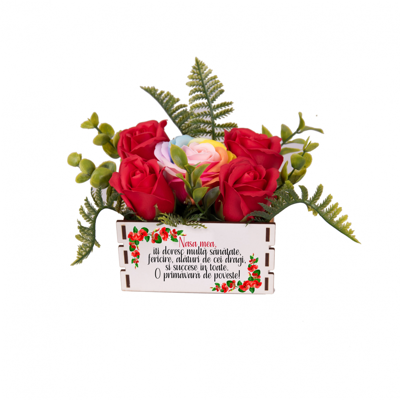Cutie din Lemn Personalizata cu Mesaj si 5 Trandafiri de Sapun
