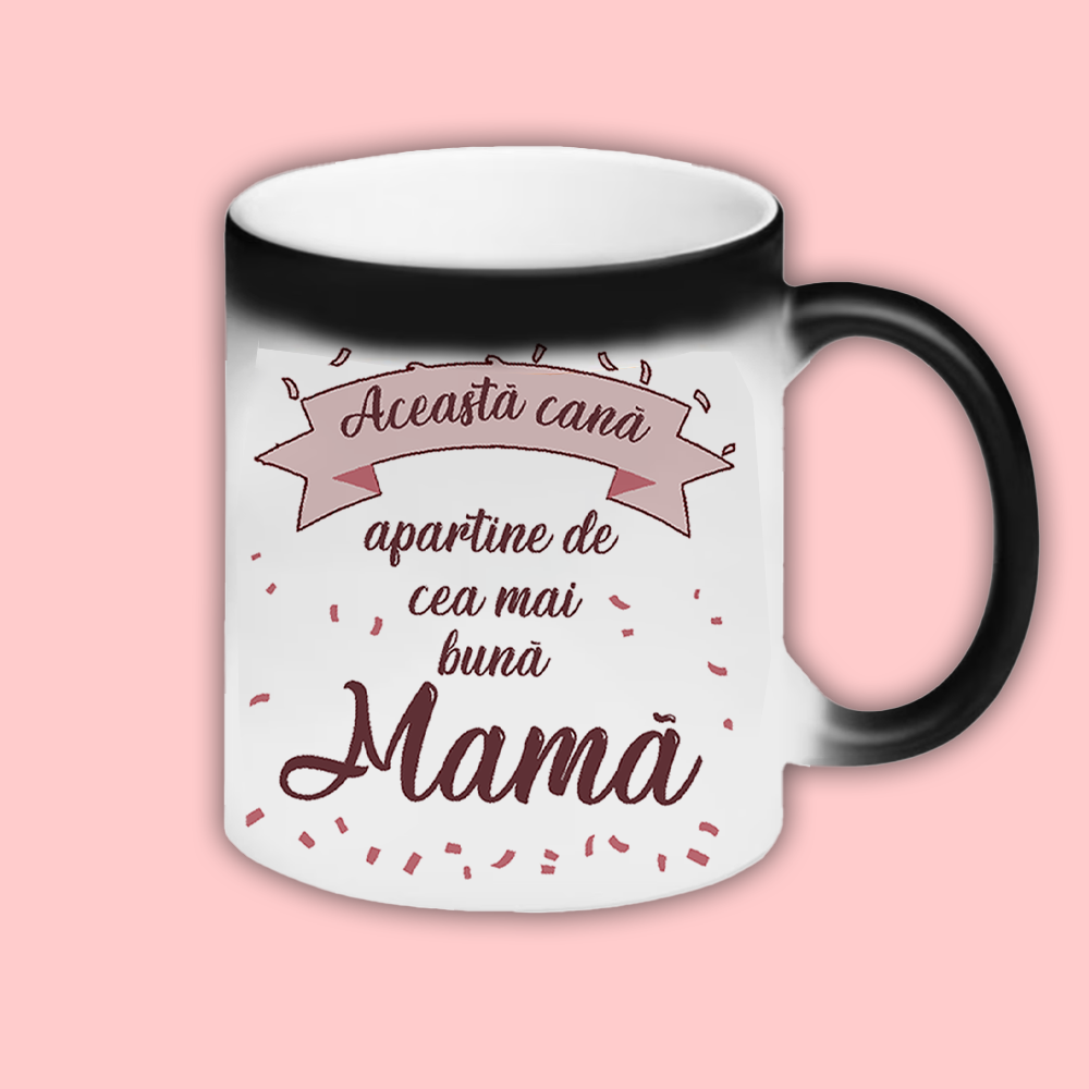 Cana personalizata cu mesaj Asa arata o mama extraordinara Cana termosensibila neagra cu interior albastru inchis