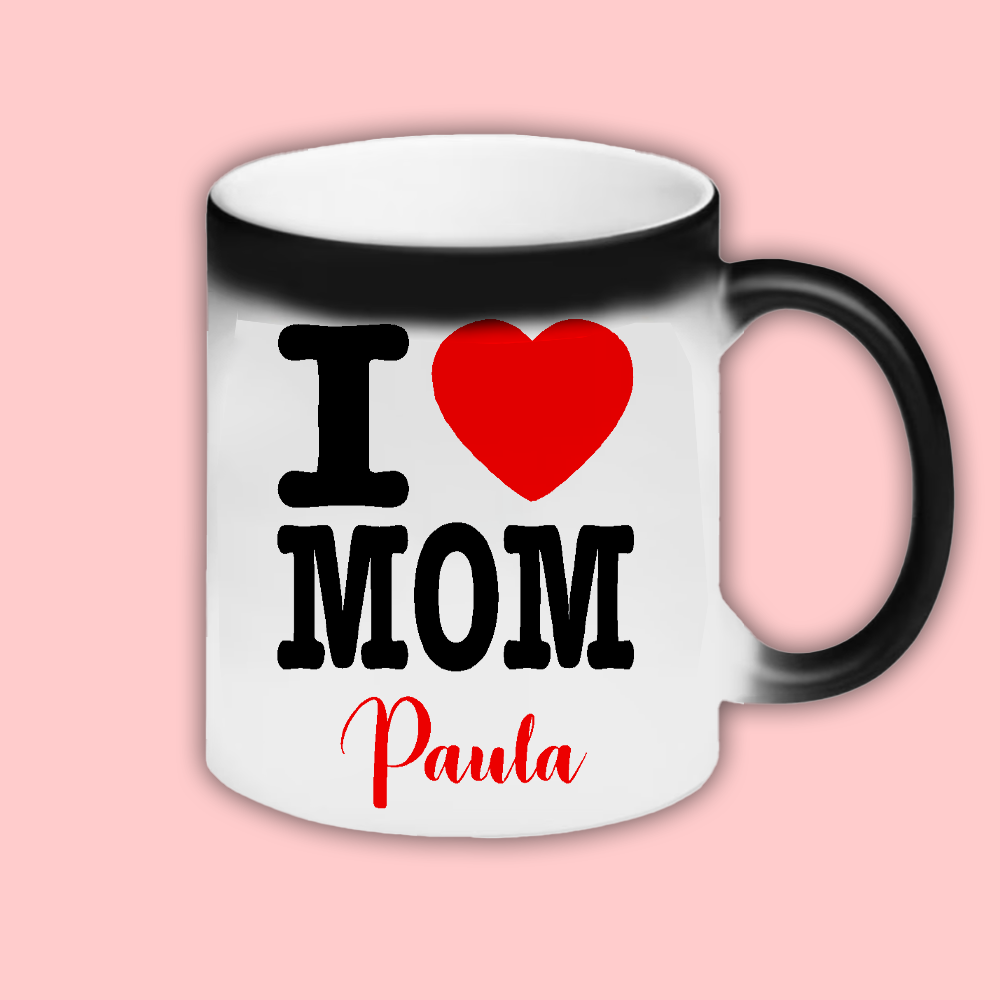 Cana personalizata cu mesaj I love mom Cana termosensibila neagra cu sclipici cu interior alb