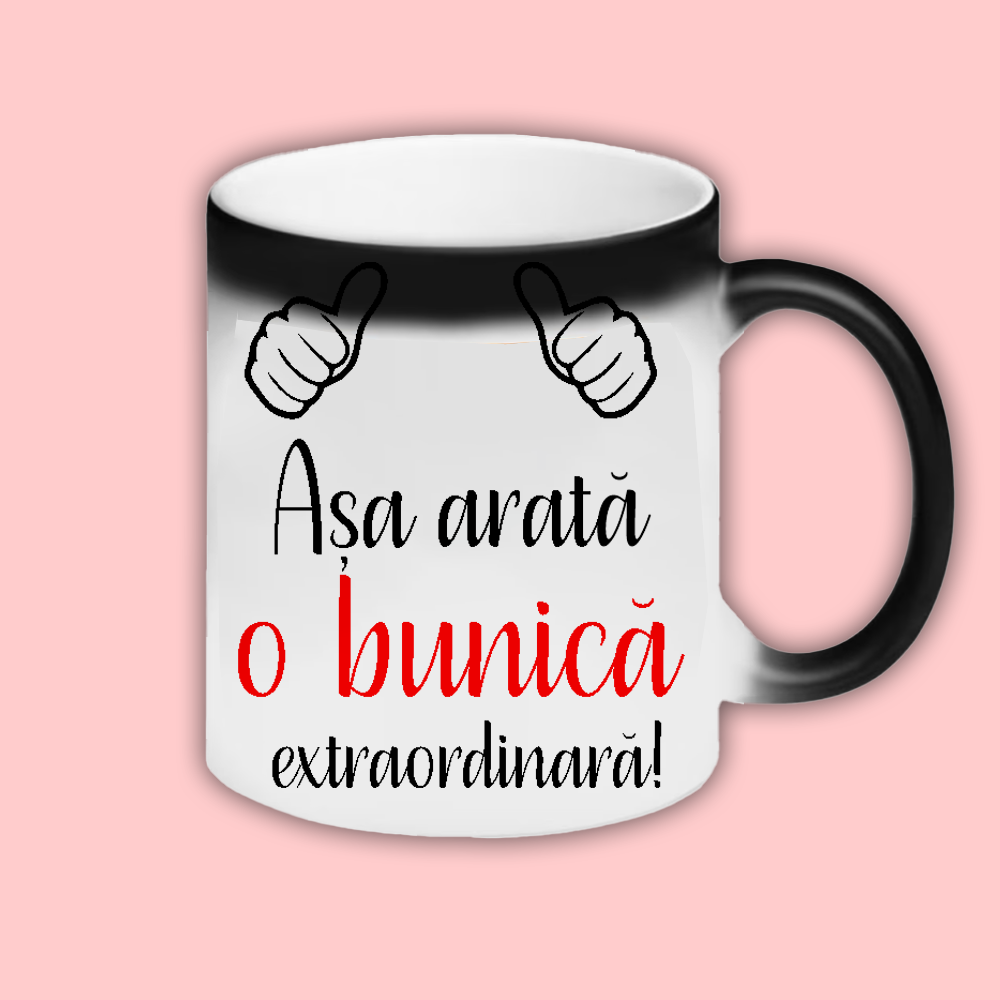 Cana personalizata cu mesaj Asa arata o bunica extraordinara Cana termosensibila rosie cu interior alb
