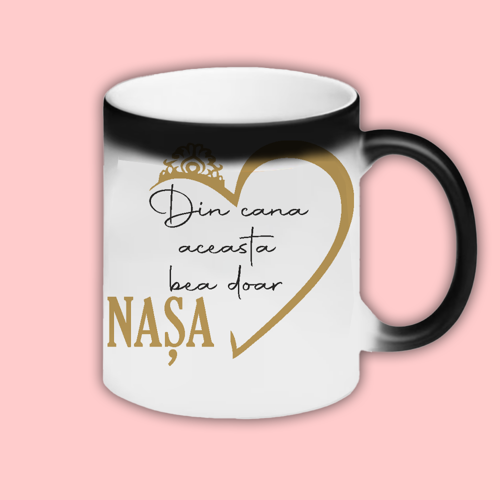 Cana personalizata cu mesaj Din cana aceasta bea doar nasa Cana termosensibila neagra cu interior rosu