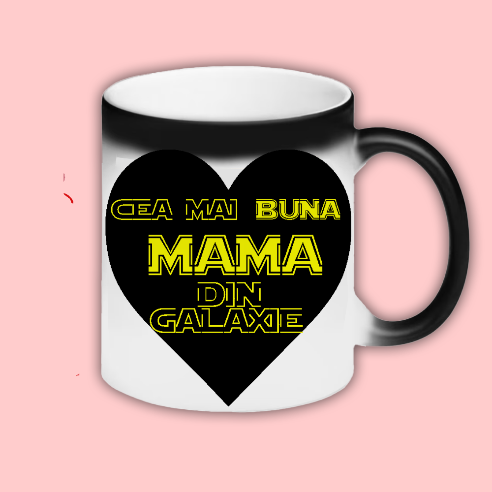 Cana personalizata cu mesaj Cea mai buna mama din galaxie Cana termosensibila neagra cu interior rosu