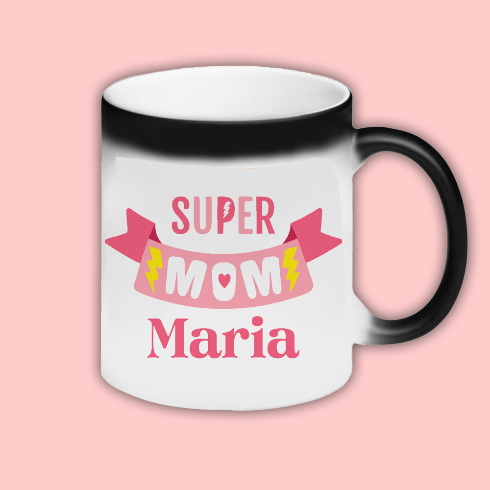 Cana personalizata cu mesaj Super mom Cana termosensibila neagra cu interior rosu