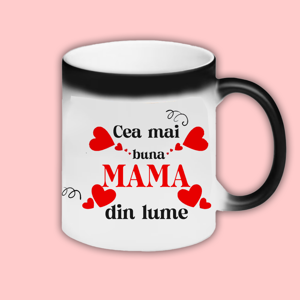 Cana personalizata cu mesaj Cea mai buna mama din lume Cana termosensibila neagra cu interior albastru inchis