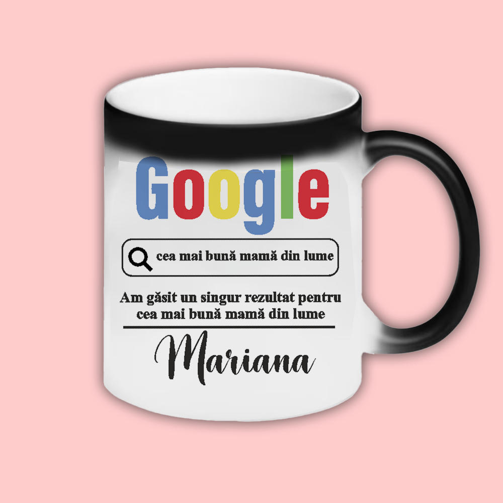 Cana personalizata cu mesaj Mom google Cana termosensibila neagra cu sclipici cu interior alb