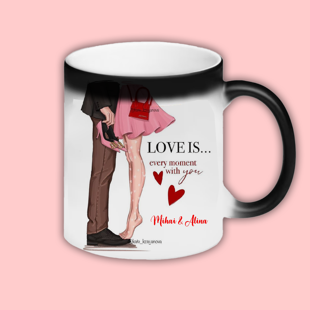 Cana personalizata cu nume si mesaj Every moment with you Cana termosensibila neagra cu sclipici cu interior alb