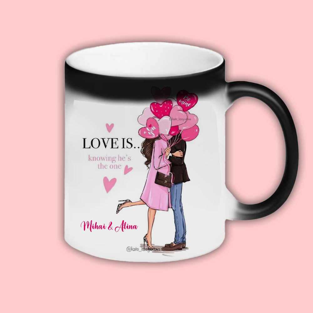 Cana personalizata cu nume si mesaj He s the one Cana termosensibila neagra cu interior alb