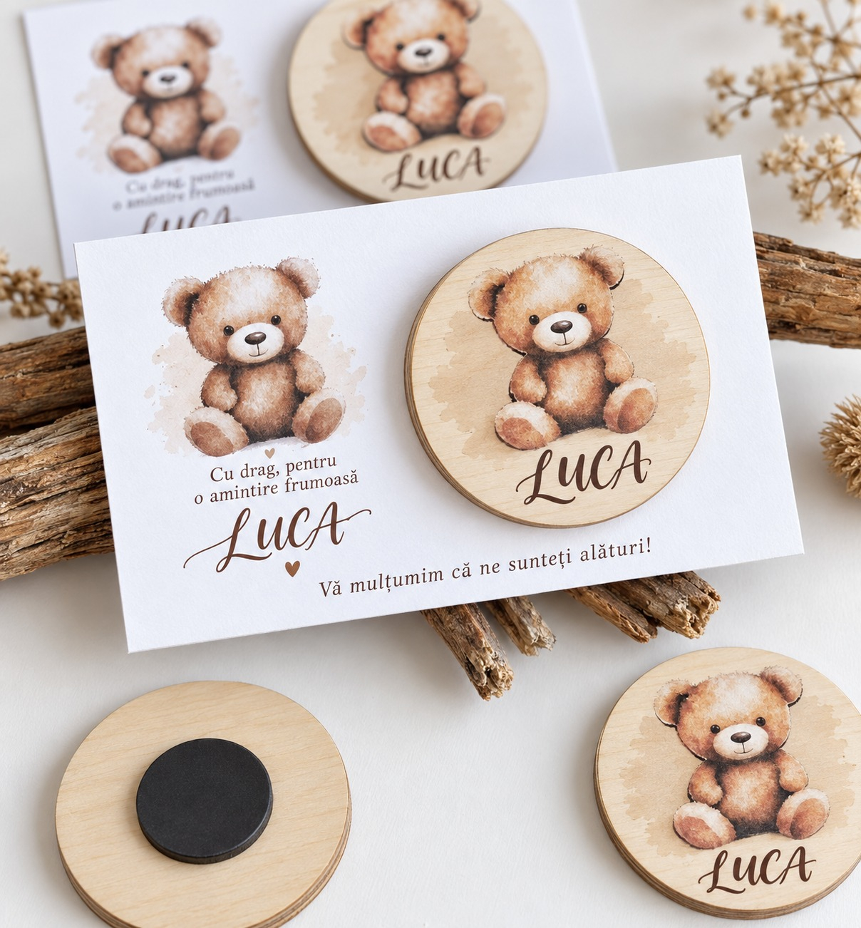 Marturii magnet din lemn personalizate