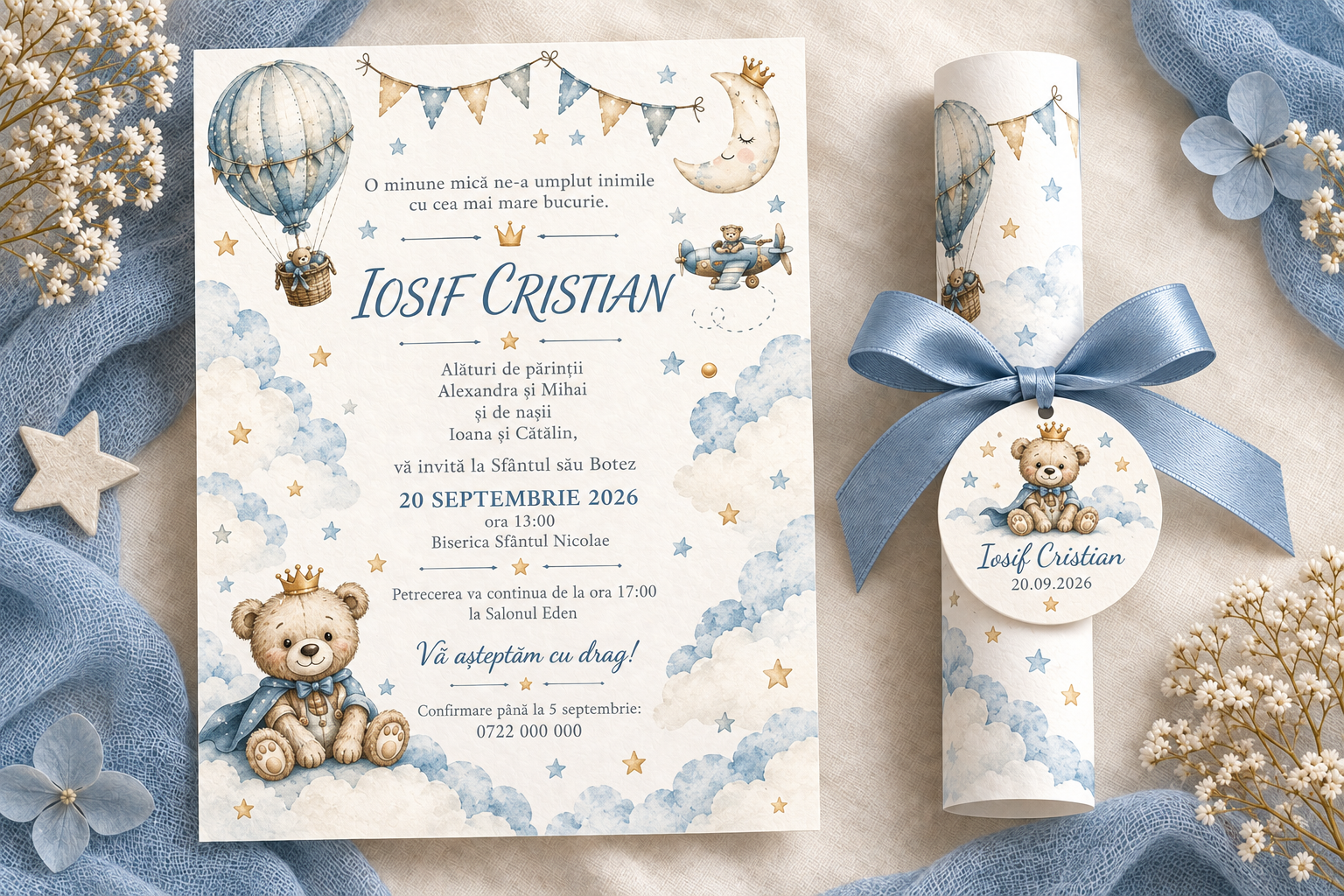 Invitatie de botez tip pergament cu ursulet print si balon cu aer cald