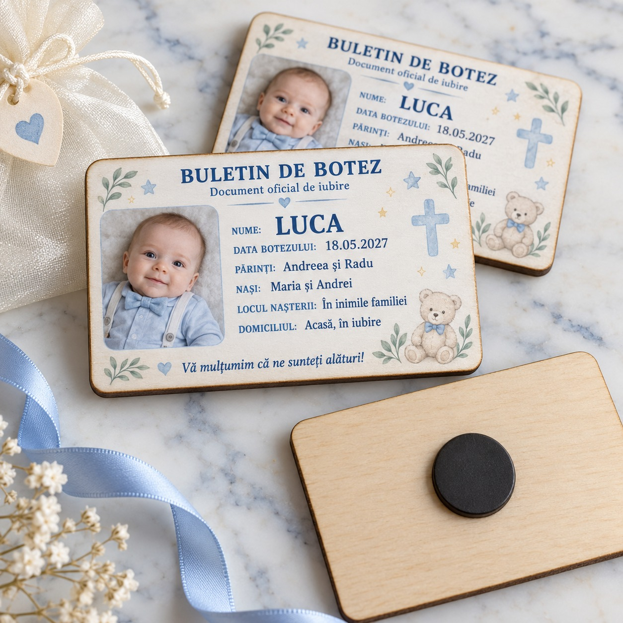 Marturie magnet Buletin de Botez personalizat
